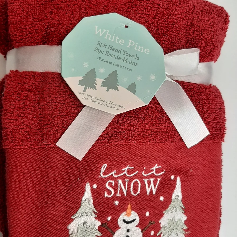 White Pine Let It Snow Snowman Pine Trees Hand Towels Red White